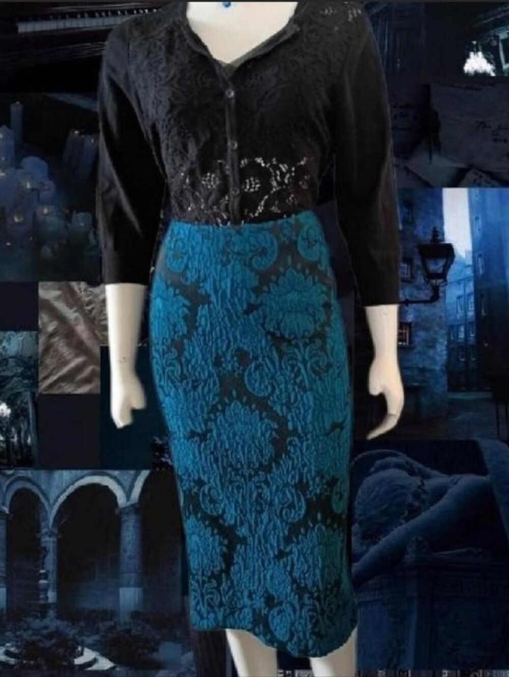 Vintage Helene Berman Floral Jacquard Midi Pencil Skirt Blue & Black Size 10